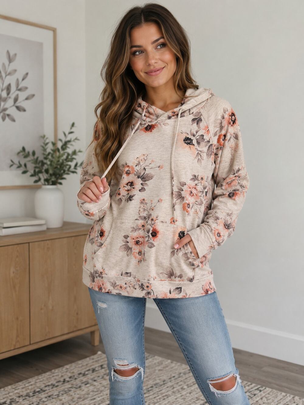 The Nines Boutique Floral Hoodie Size M Beige Blush Pullover Excellent Cond.